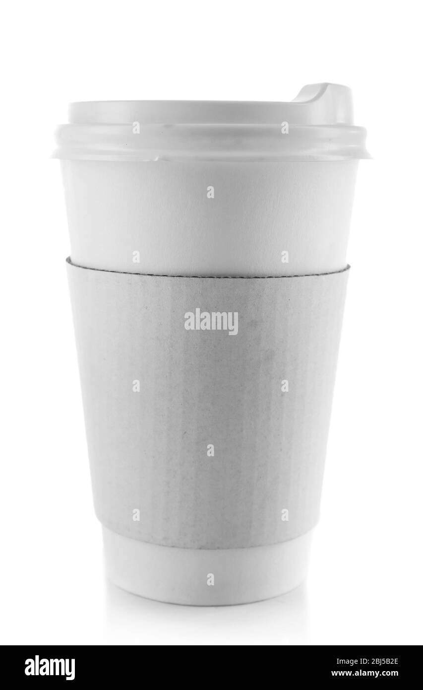 Bicchiere di carta di caffè isolato su bianco Foto Stock