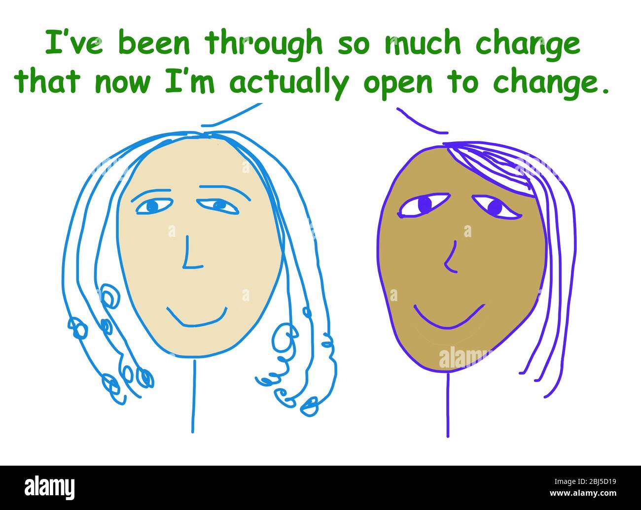 Colore cartone animato che mostra due sorridenti etnicamente diverse donne d'affari dicendo che sono state attraverso ognuno così tanto cambiamento che sono ora aperte a c Foto Stock