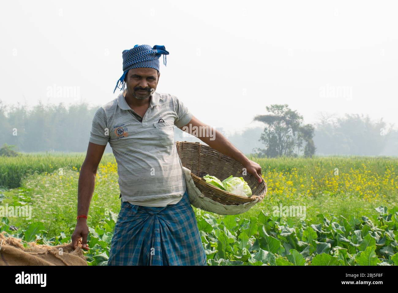 ritratto di contadino che tiene cesto di verdure Foto Stock