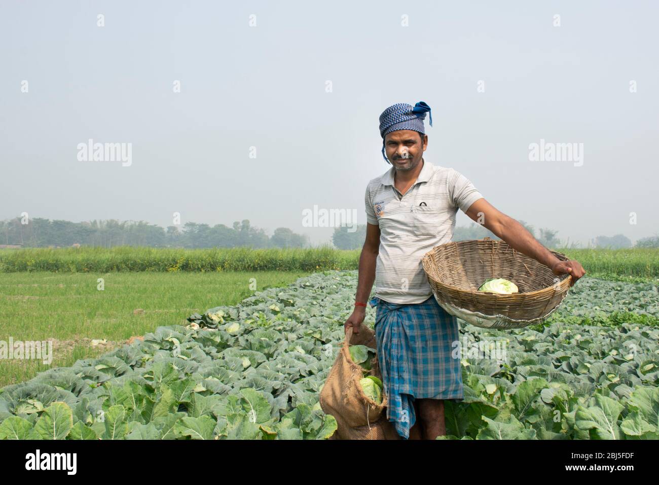 ritratto di contadino che tiene cesto di verdure Foto Stock