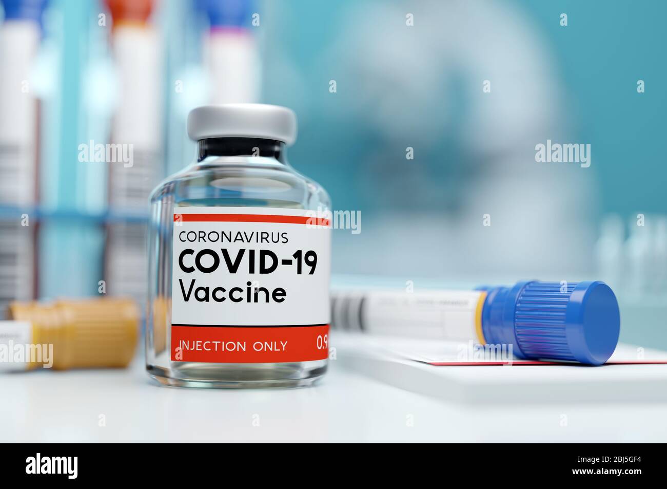 Un flaconcino in flacone singolo di vaccino per il coronavirus Covid-19 in un laboratorio medico di ricerca. Illustrazione 3D. Foto Stock
