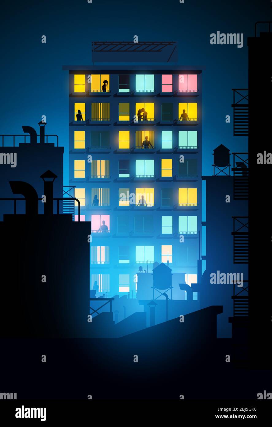 Un grande blocco di appartamenti con persone all'interno che guardano fuori dalle finestre di notte. Illustrazione vettoriale. Illustrazione Vettoriale