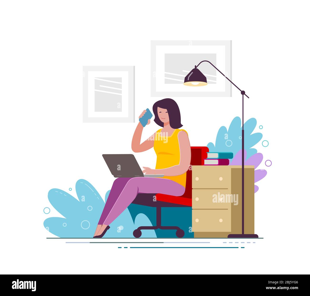 La giovane donna usa il laptop e lo smartphone a casa. Illustrazione vettoriale aziendale Illustrazione Vettoriale