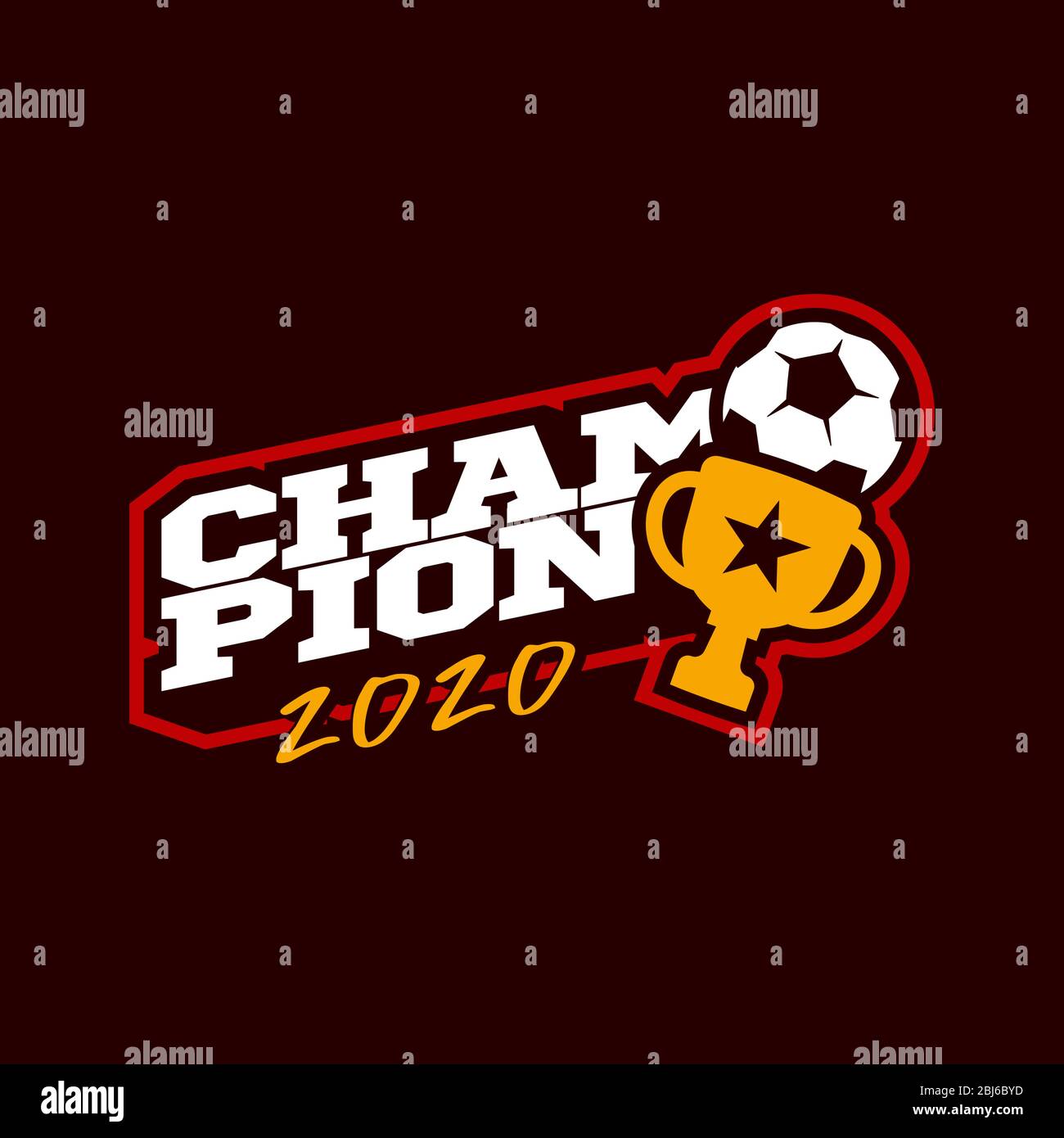Logo Champion 2020 Football Vector. Moderna tipografia professionale sport palla da calcio e coppa in stile retrò vettore emblema e modello logo design Illustrazione Vettoriale