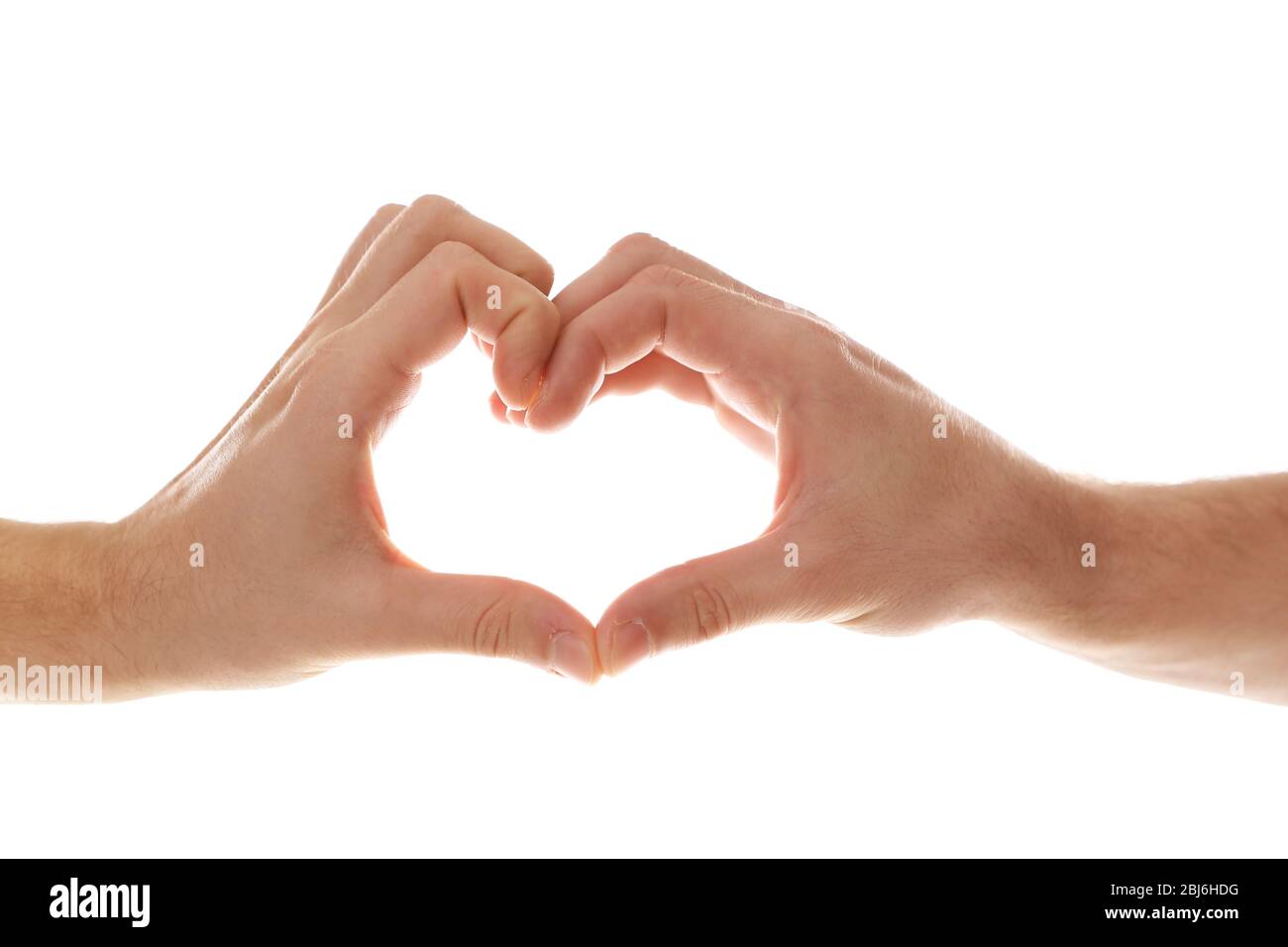 Due omosessuali che fanno il cuore con le mani isolate su bianco Foto Stock