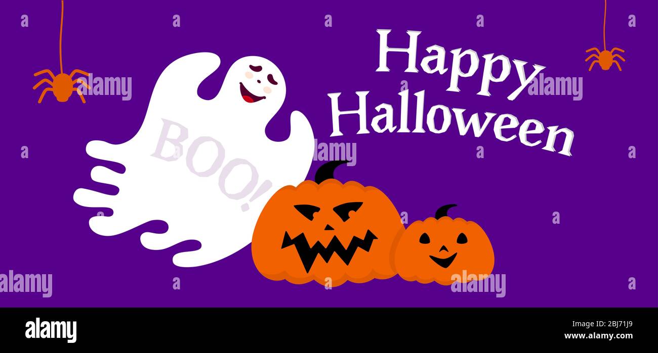 Happy Halloween banner vuoto con fantasma e zucca cartone animato. Modello di sfondo blu per le festività, modello vuoto. Fantasma sfondo paura banner, sfondo. Elementi di progettazione vettoriale Illustrazione Vettoriale