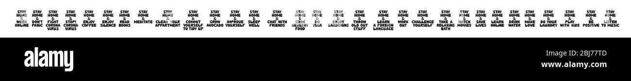 Enorme insieme di citazioni circa le attività domestiche di soggiorno durante la quarantena. Carino mano disegnata bable lettere. Isolato su sfondo bianco. Scorta vettoriale Illustrazione Vettoriale