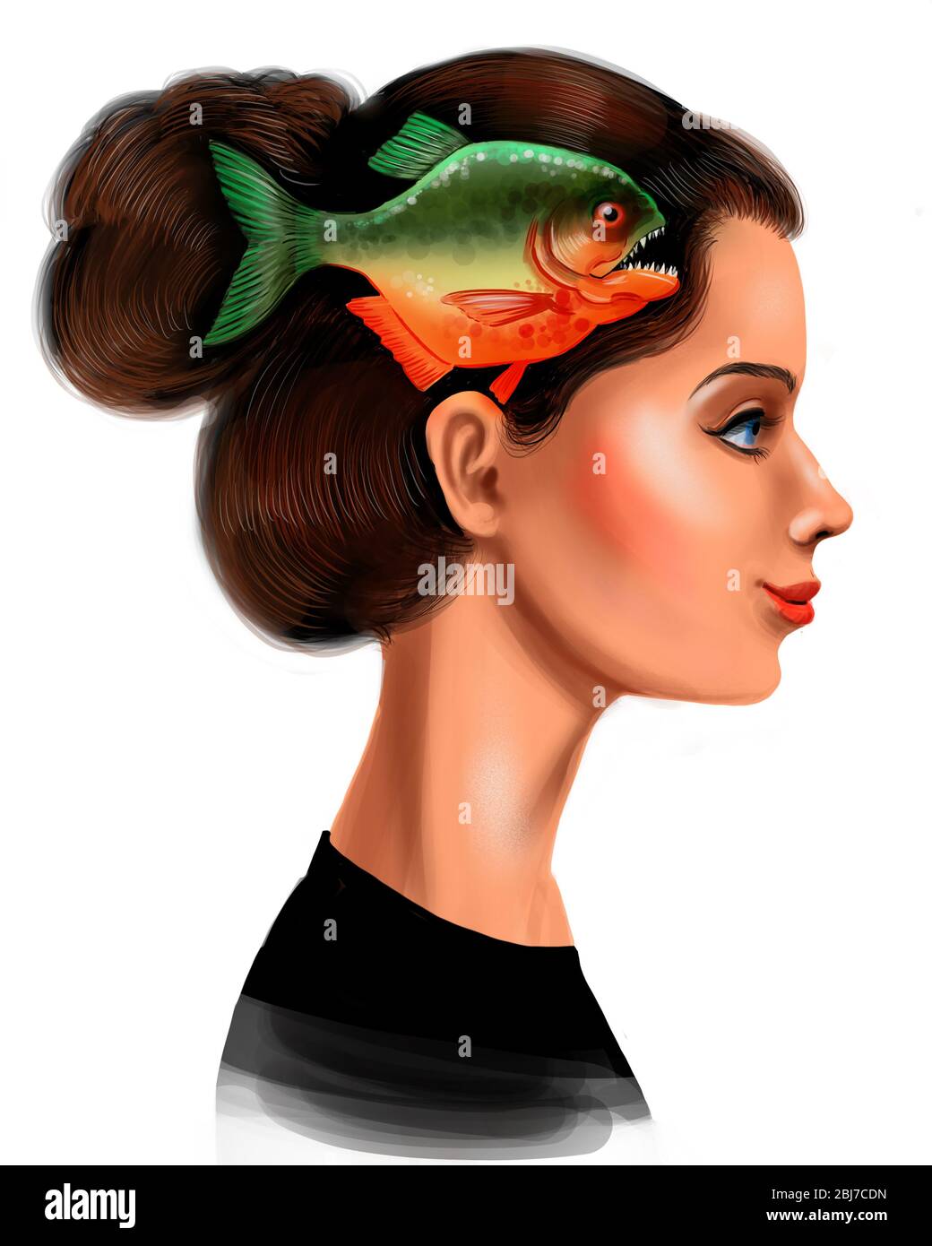 Male ragazza e pesce piranha. Illustrazione digitale Foto Stock