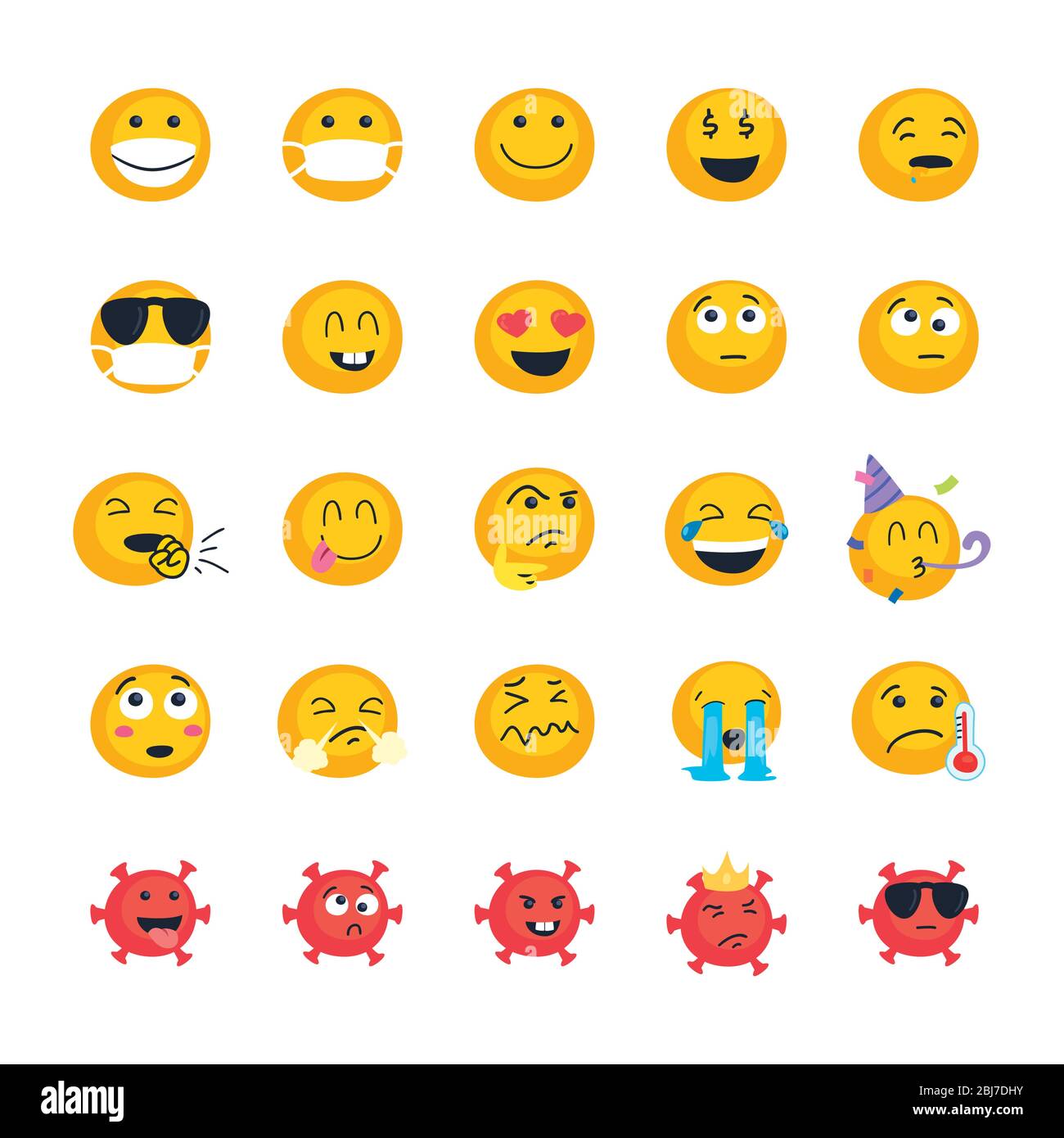 Incoronavirus ed emojis disegno di insieme di icone di stile piatto, emoticon e tema di social media illustrazione vettoriale Illustrazione Vettoriale