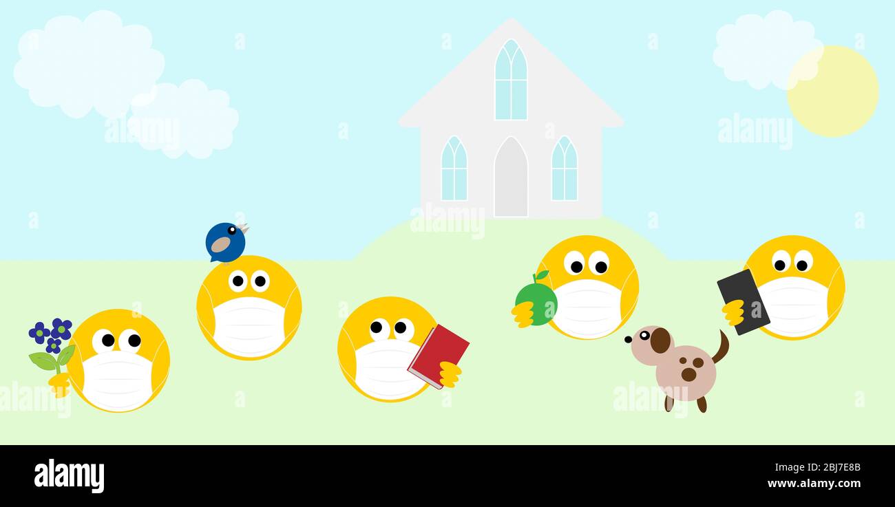 Coronavirus, covid 19, sociale di distanza, emoji che indossa maschere facciali fuori della scuola o della chiesa. Concetto di gioventù di coronavirus. Spazio di copia Foto Stock