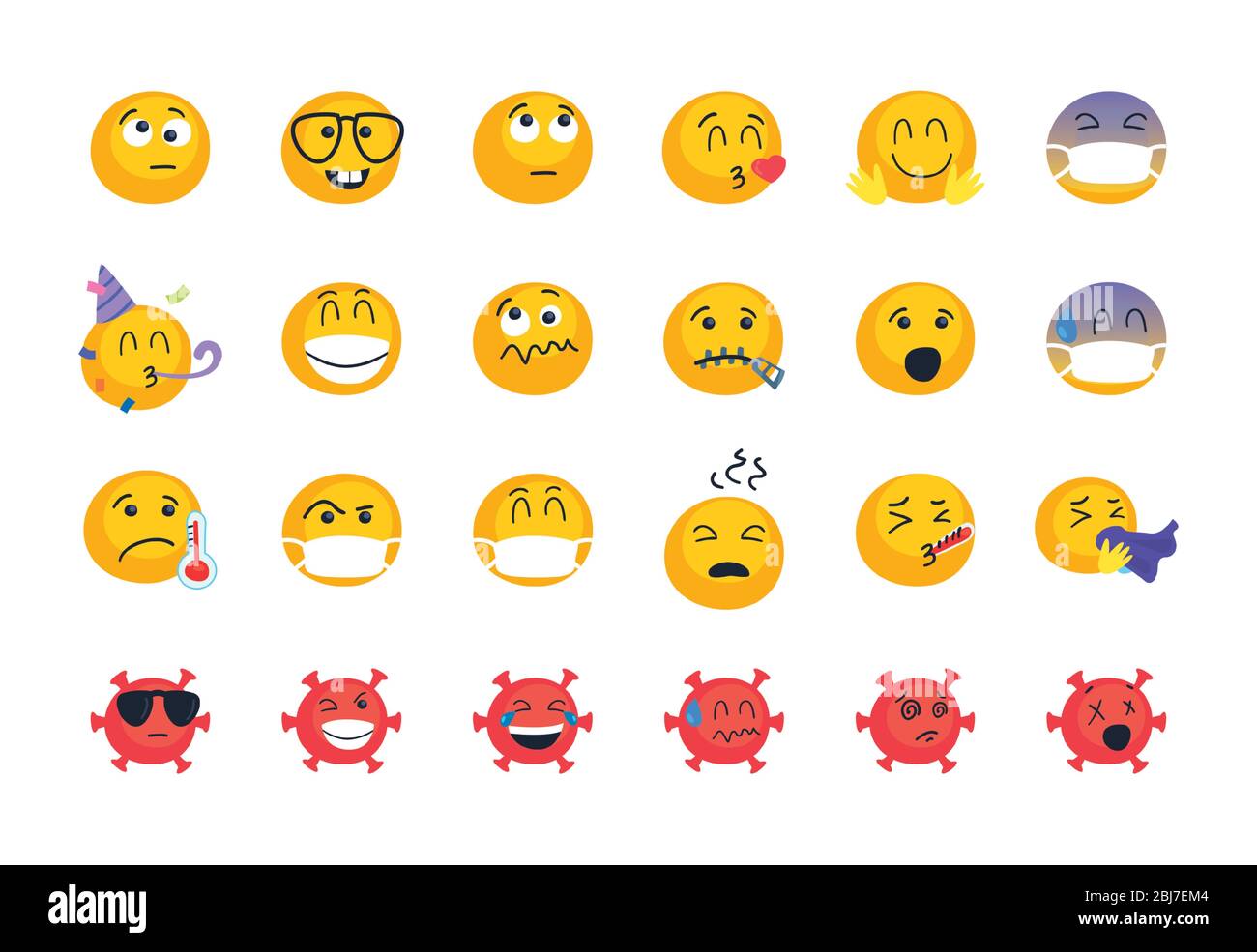 Incoronavirus ed emojis disegno di insieme di icone di stile piatto, emoticon e tema di social media illustrazione vettoriale Illustrazione Vettoriale