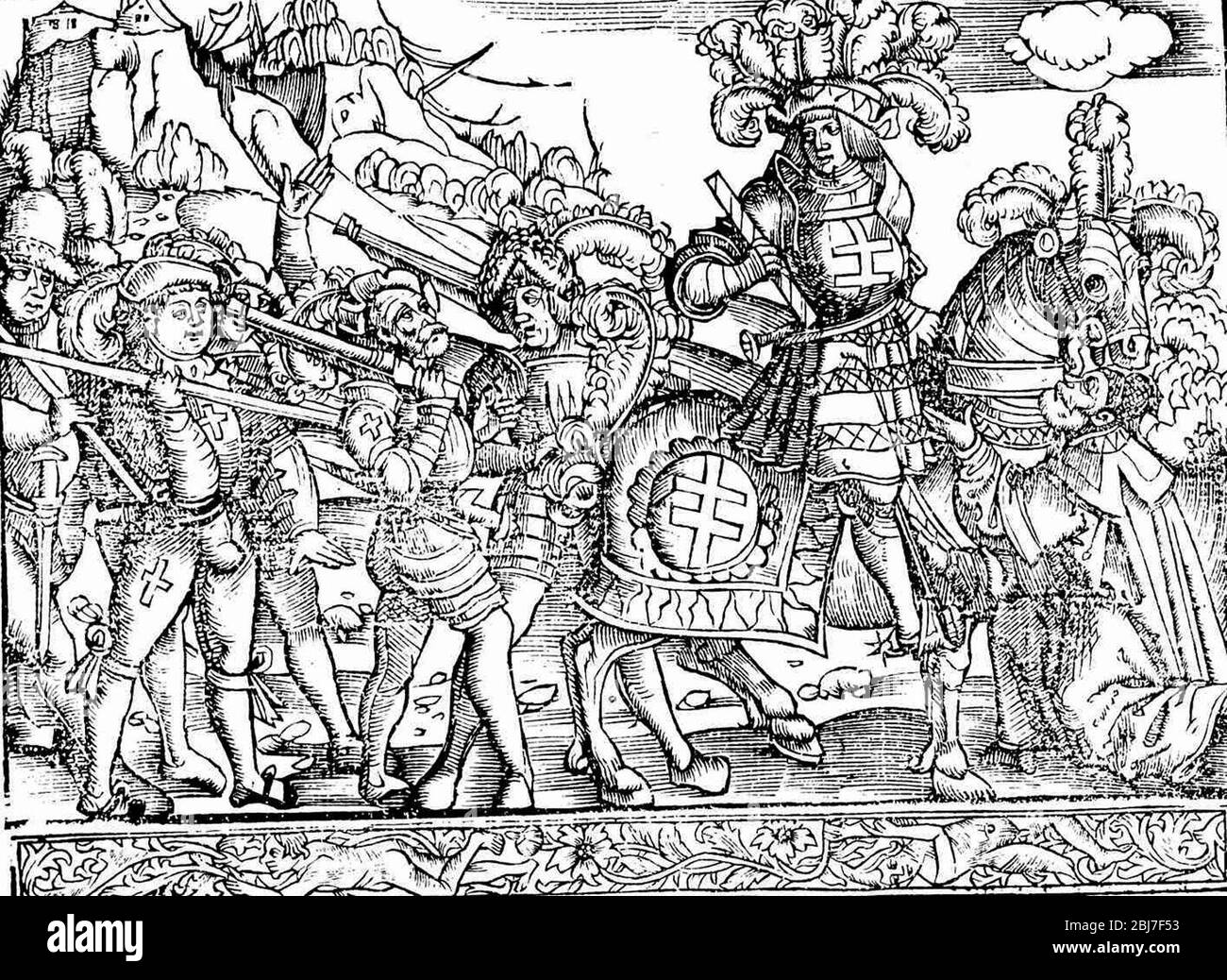 Nancy nasce dai cittadini all'interno della nave. Fu restaurata dai Burgundi. Rene prendre la ville de Nancy. Les Bourguignons la restore (7 ottobre 1476). Foto Stock