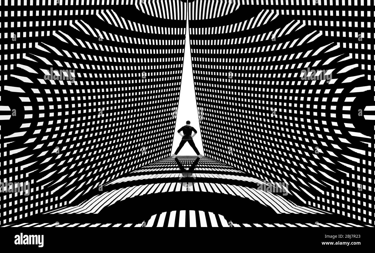 Foto futuristica artistica di un uomo sul palco della discoteca o qualcosa di simile con creativo design nero linea intorno ad esso in bianco e nero colori orizzontali Foto Stock