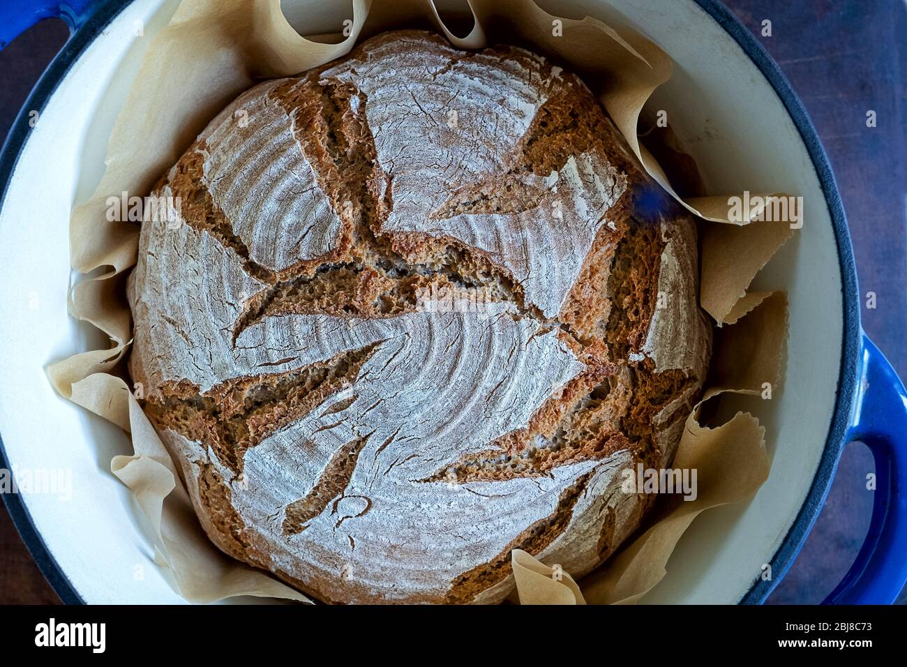 pane fatto in casa con crosta croccante ancora nel tostatore Foto Stock