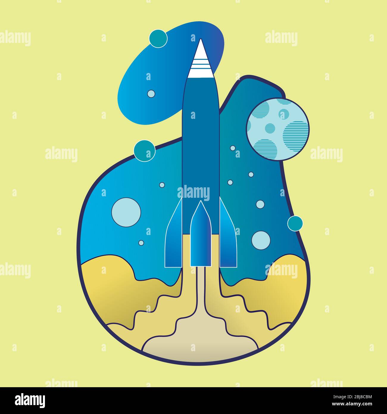 Lancio del razzo Concept. Viaggio spaziale alla luna. Avvio del progetto e processo di sviluppo. Illustrazione Vettoriale