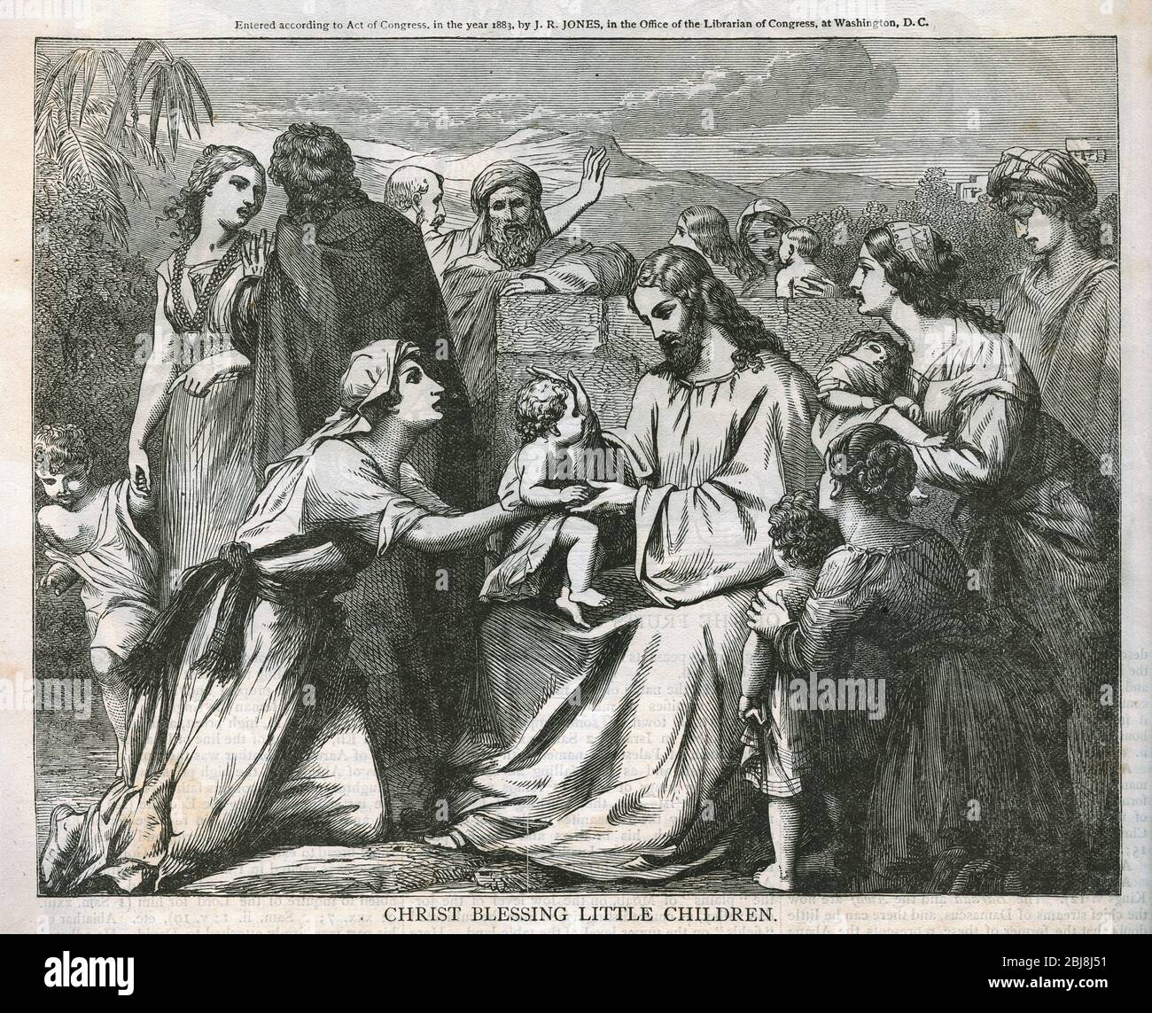 Cristo benedice i piccoli figlioli. Bibbia parallela c1895 Foto Stock