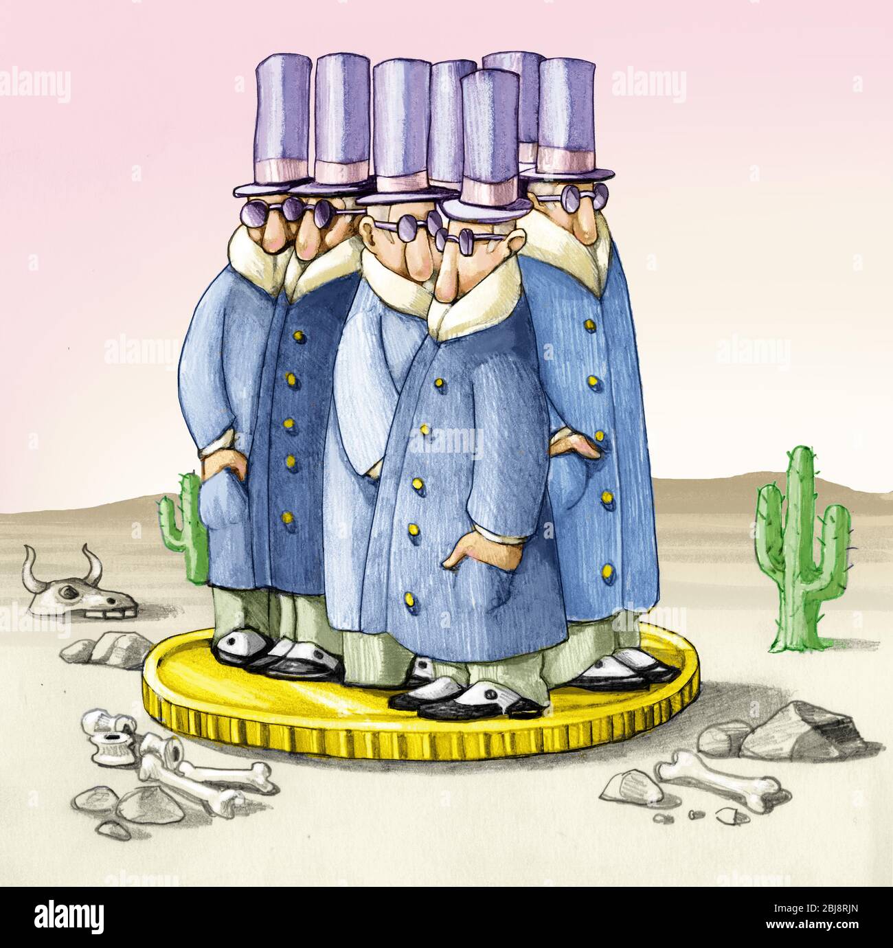 nel mezzo di un deserto triste un gruppo di banchieri si riunisce su una moneta indifferente al mondo che ha intorno a loro metafora di economia immorale Foto Stock
