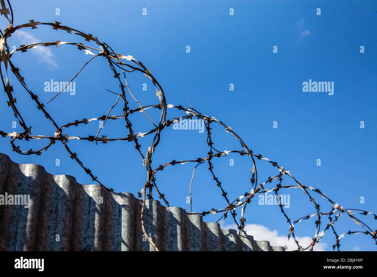 il filo spinato su un'alta recinzione protegge contro l'ingresso illegale nel territorio Foto Stock