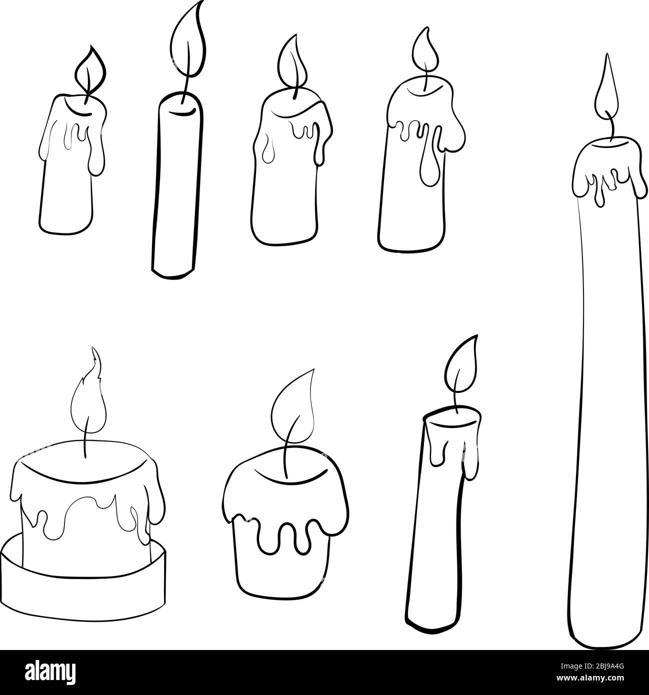 set di candele brucianti disegnate a mano. candele isolate con contorno nero su sfondo bianco Illustrazione Vettoriale