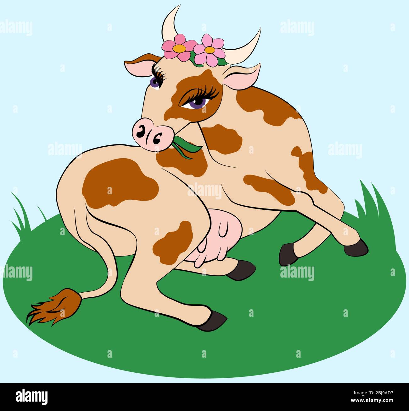 cartoon bellezza avvitata mucca su erba verde illustrazione vettoriale Illustrazione Vettoriale