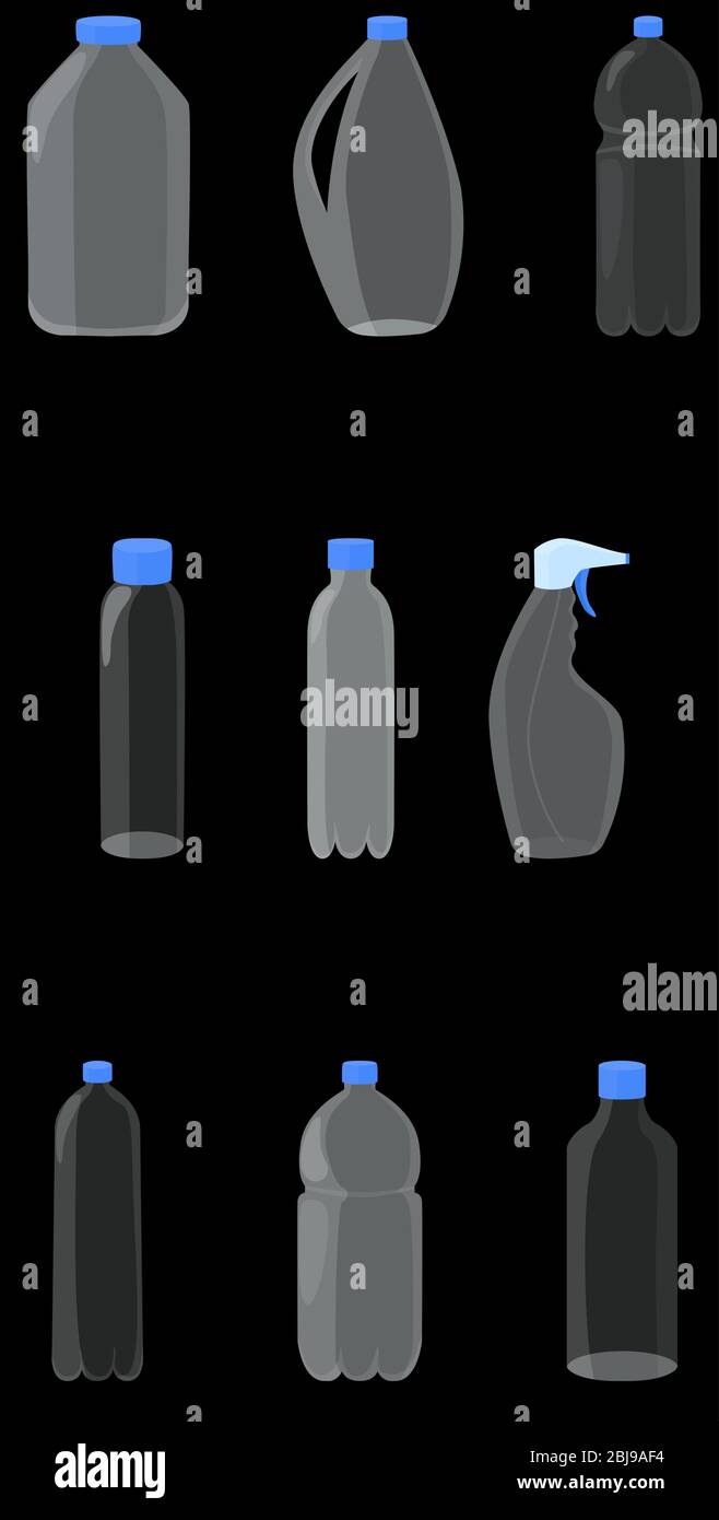 Bottiglie di plastica bianca trasparente su fondo nero. Set di bottiglie di plastica vuote con tappi blu Illustrazione Vettoriale