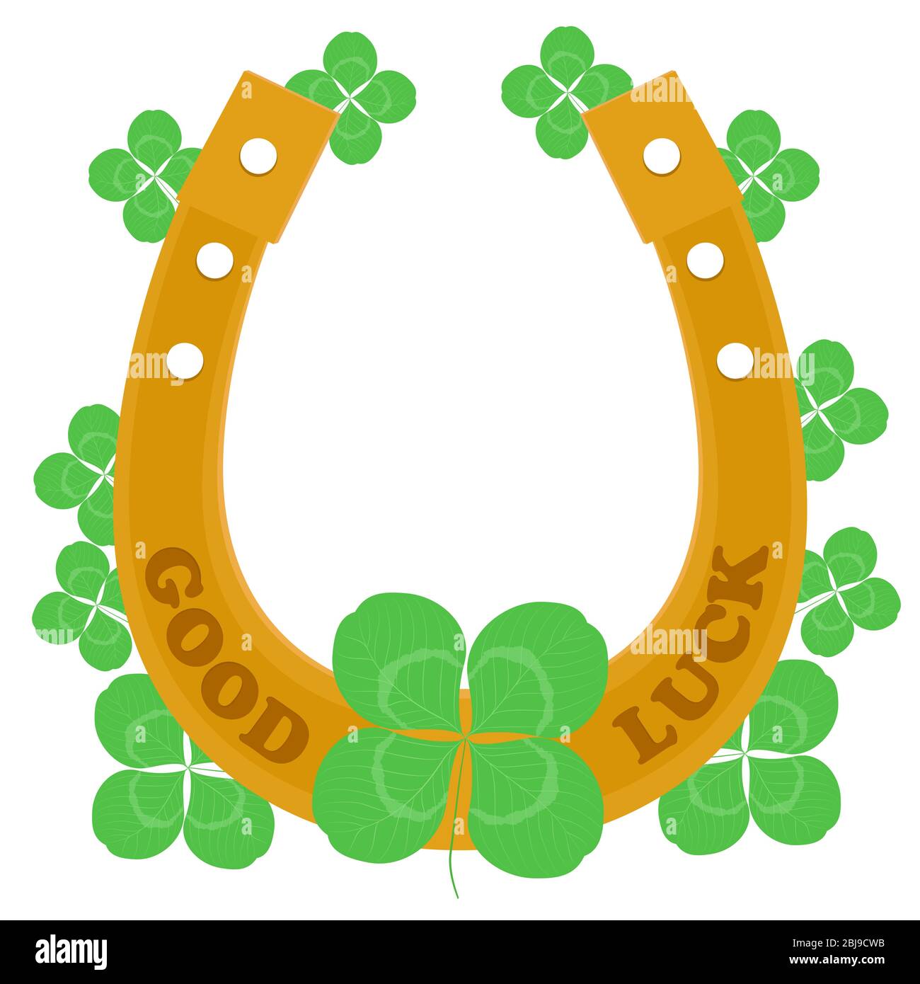 Simboli fortunati trifoglio a quattro foglie e ferro di cavallo. Buona fortuna illustrazione vettoriale isolato su bianco. shamrock con quattro foglie Illustrazione Vettoriale