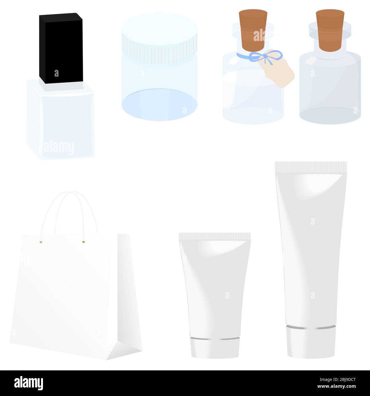 Impostare modelli di contenitori bianchi in plastica vuoti e puliti per il vuoto vettoriale. Flaconi, vasetto, provetta. simulazione 3d di un pacchetto cosmetico isolato su bianco. Illustrazione Vettoriale