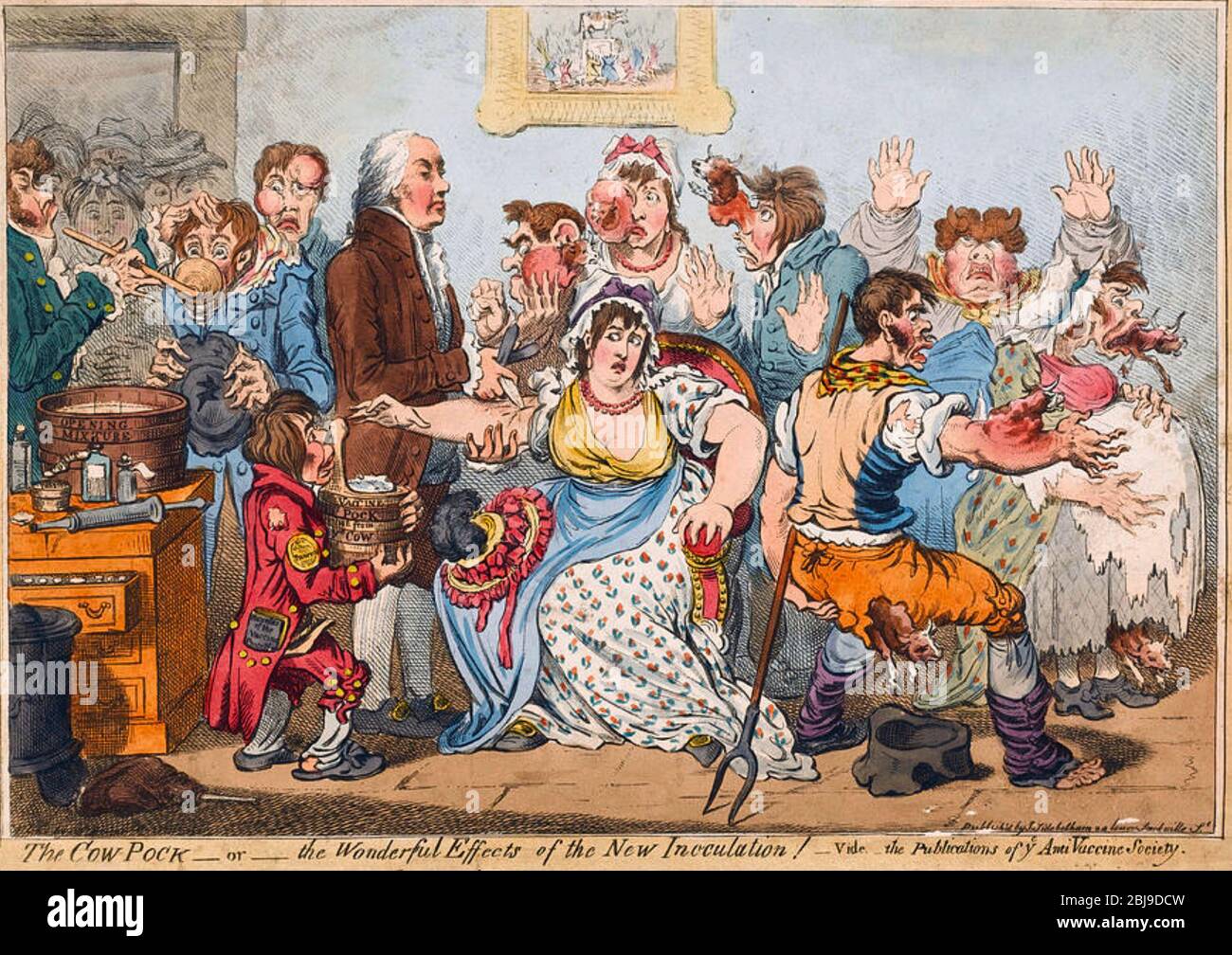 IL POCK DI MUCCA Cartoon circa 1800 che mostra i presunti effetti del trattamento di vaccinazione Foto Stock