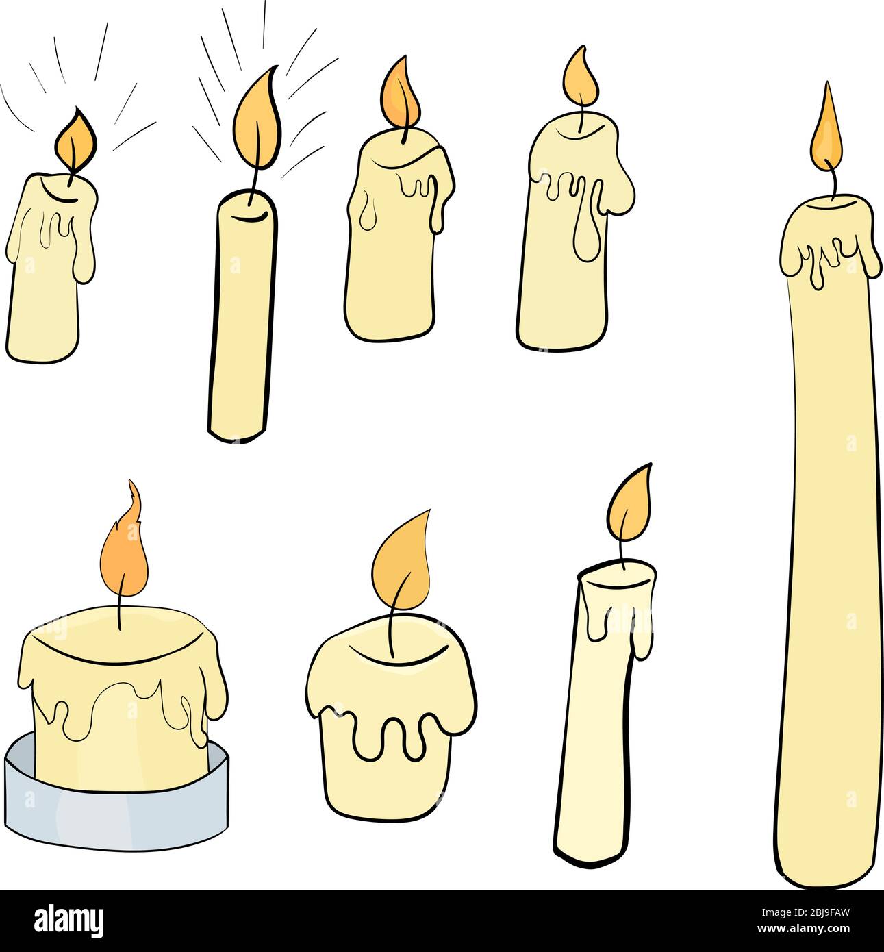 candele cartoon set nero contorno arte isolato su giallo Illustrazione Vettoriale