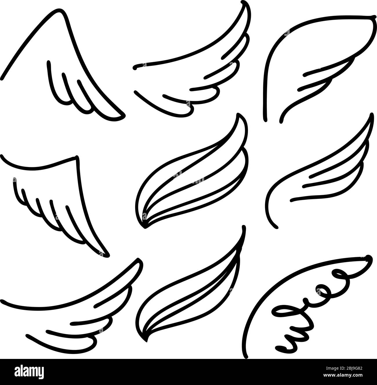 Angel Wings icona Imposta schizzo, stilizzato raccolta di ali di uccello cartoon disegnata a mano disegno di illustrazione vettoriale. Illustrazione Vettoriale