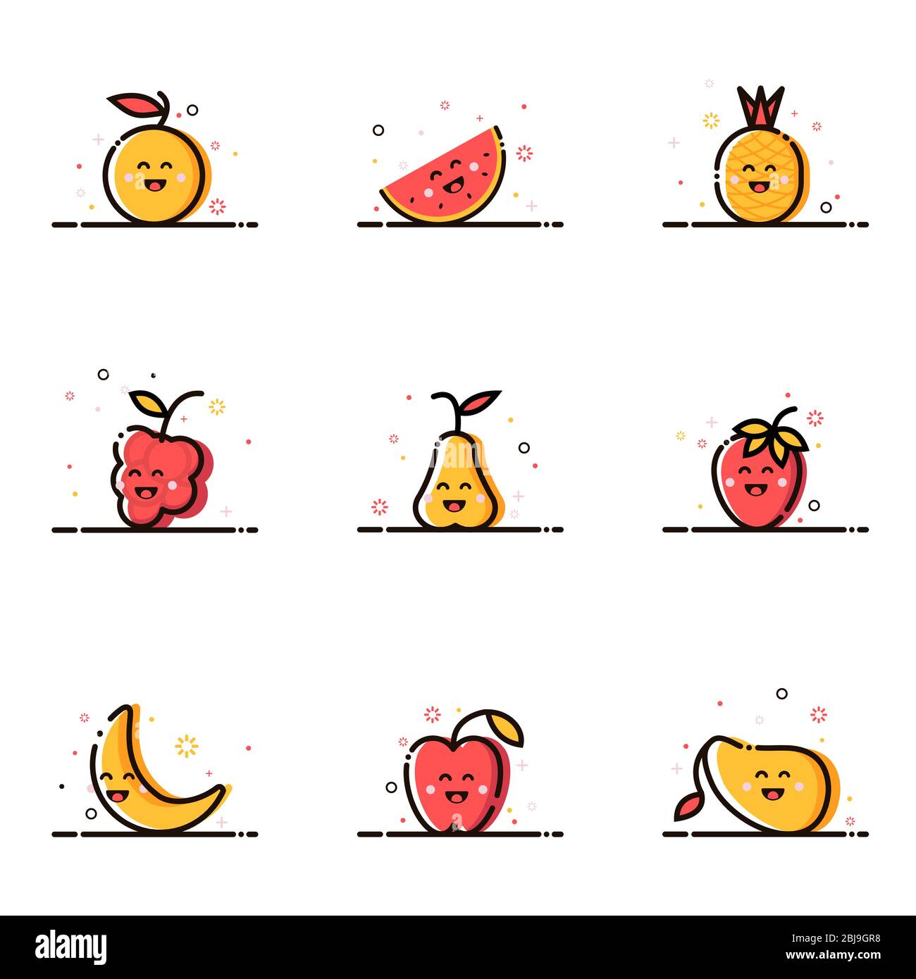 Frutti felici, è un insieme di icone con stile mbe Illustrazione Vettoriale