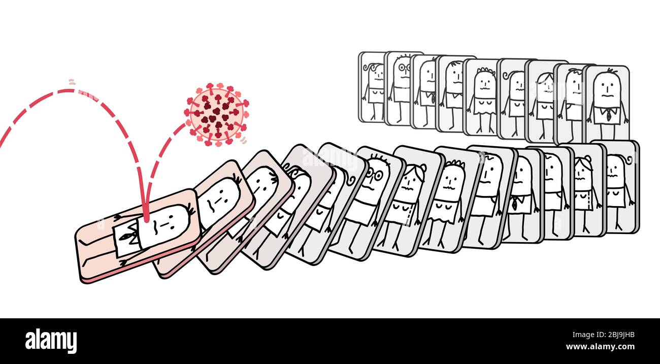 Il virus Cartoon, tirato a mano, spinge verso il basso le persone, come un effetto domino Foto Stock