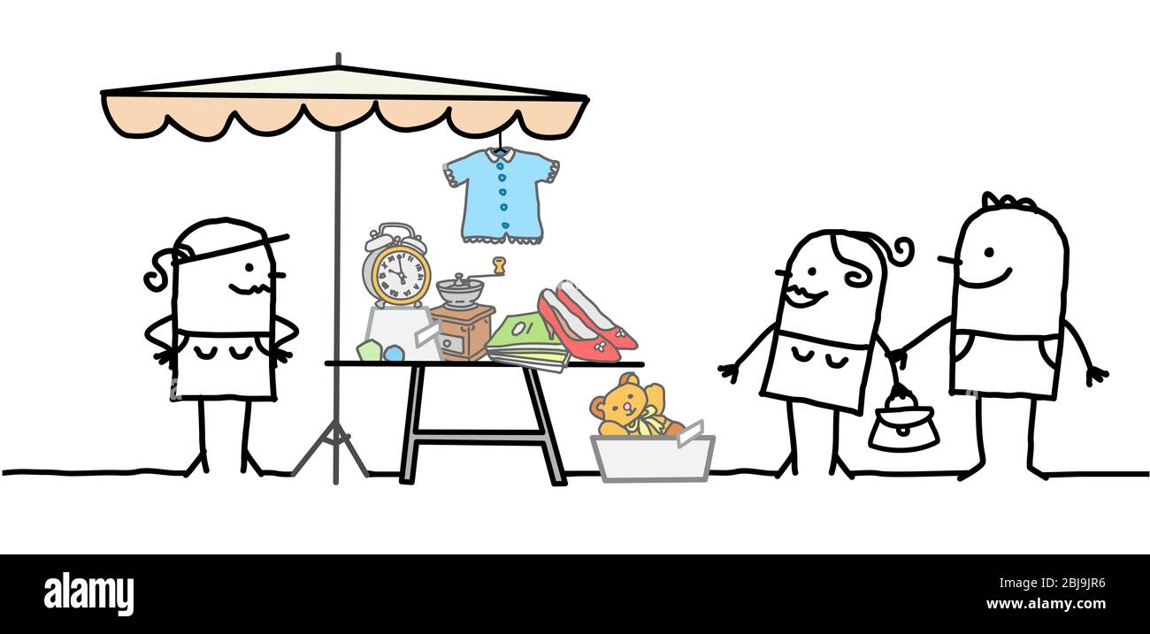 Produttore di cartoon a mano che vende oggetti di seconda mano su un negozio di mercato delle pulci Foto Stock
