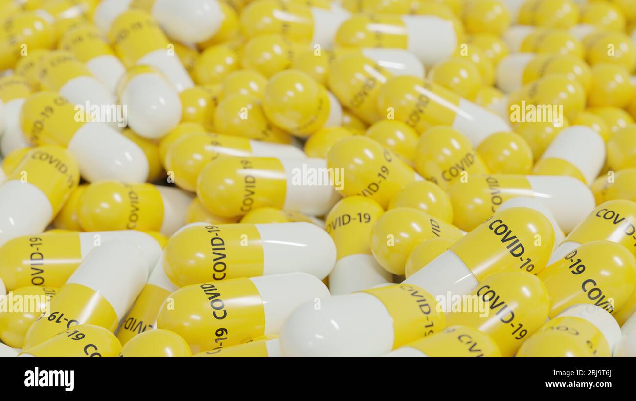 Mucchio di capsule di farmaci antivirali per la prevenzione o il trattamento contro il virus corona COVID-19, vista closeup, rappresentazione 3D Foto Stock