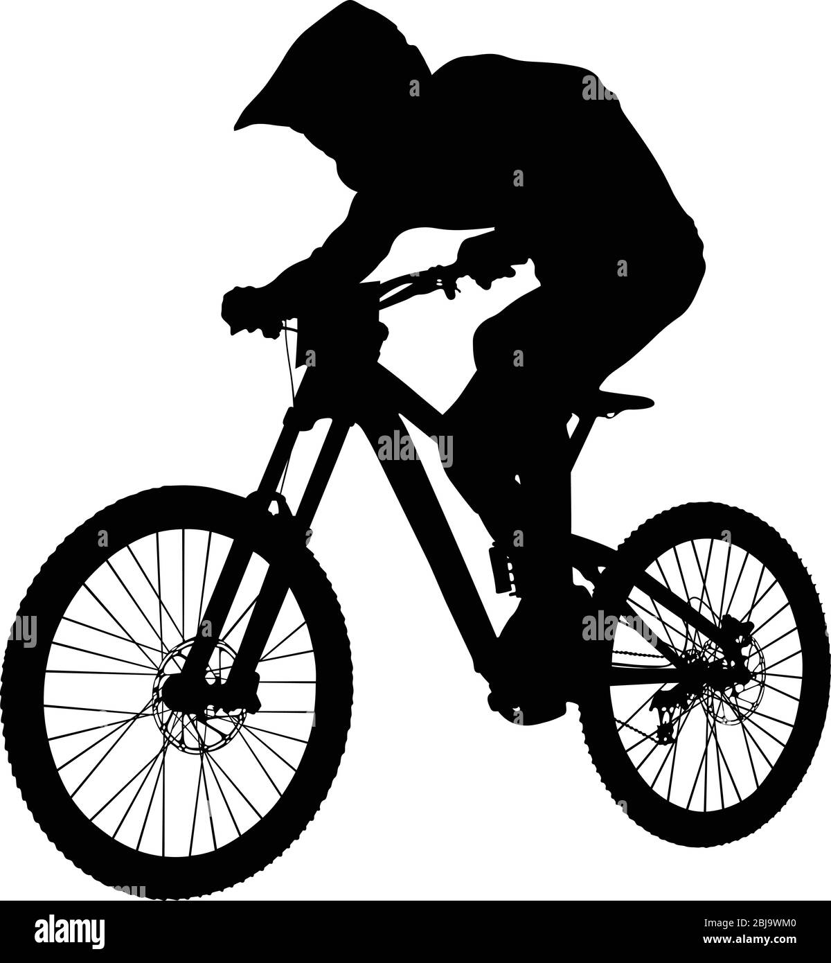 discesa atleta mountain bike pilota silhouette nera Illustrazione Vettoriale