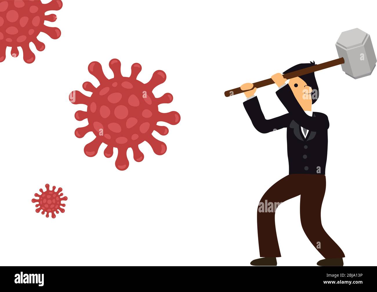 Uomo d'affari con un martello che combatte contro il coronavirus. Concetto di impatto pandemico sull'economia. Illustrazione vettoriale. Illustrazione Vettoriale