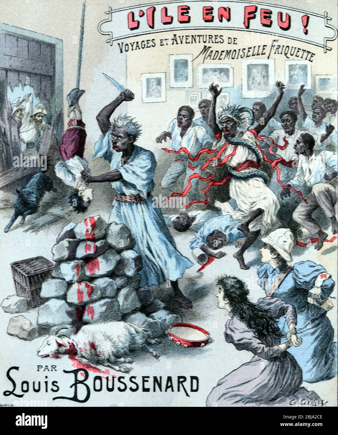 Sacrificio umano, sacrificio del Bambino, sacrificio della capra e sacrificio del Voodoo. Copertina del libro 'Fire Island' - le avventure di Madamoiselle Friquette di Louis Roussenard 1897 Foto Stock