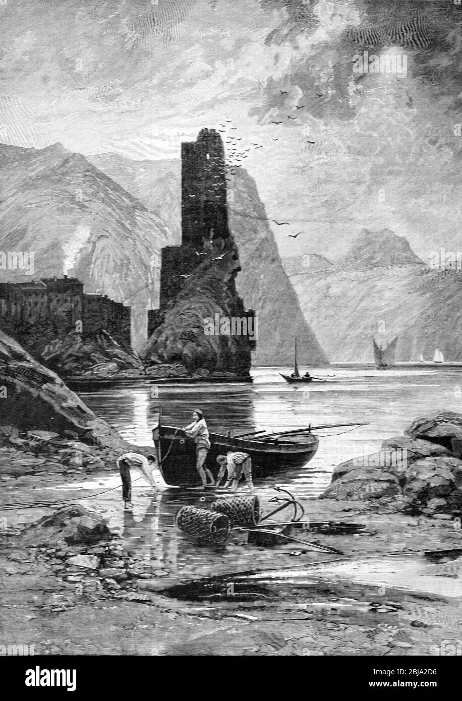 Torre di Lastua, nota anche come Kastel Lastva, Castel Lasena o Castel de Lastua, parte della cinta Fortezza Veneziana, Forte o Castello di Petrovac Montenegro (storicamente parte della Dalmazia) 1897. Vintage o Old Illustration o Engraving Foto Stock