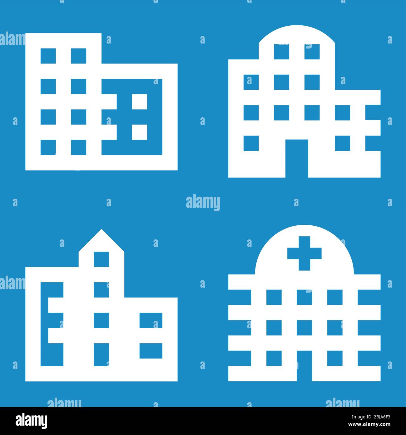 Quattro edifici icone minime: Uffici, appartamenti, città, ospedale. Illustrazione Vettoriale