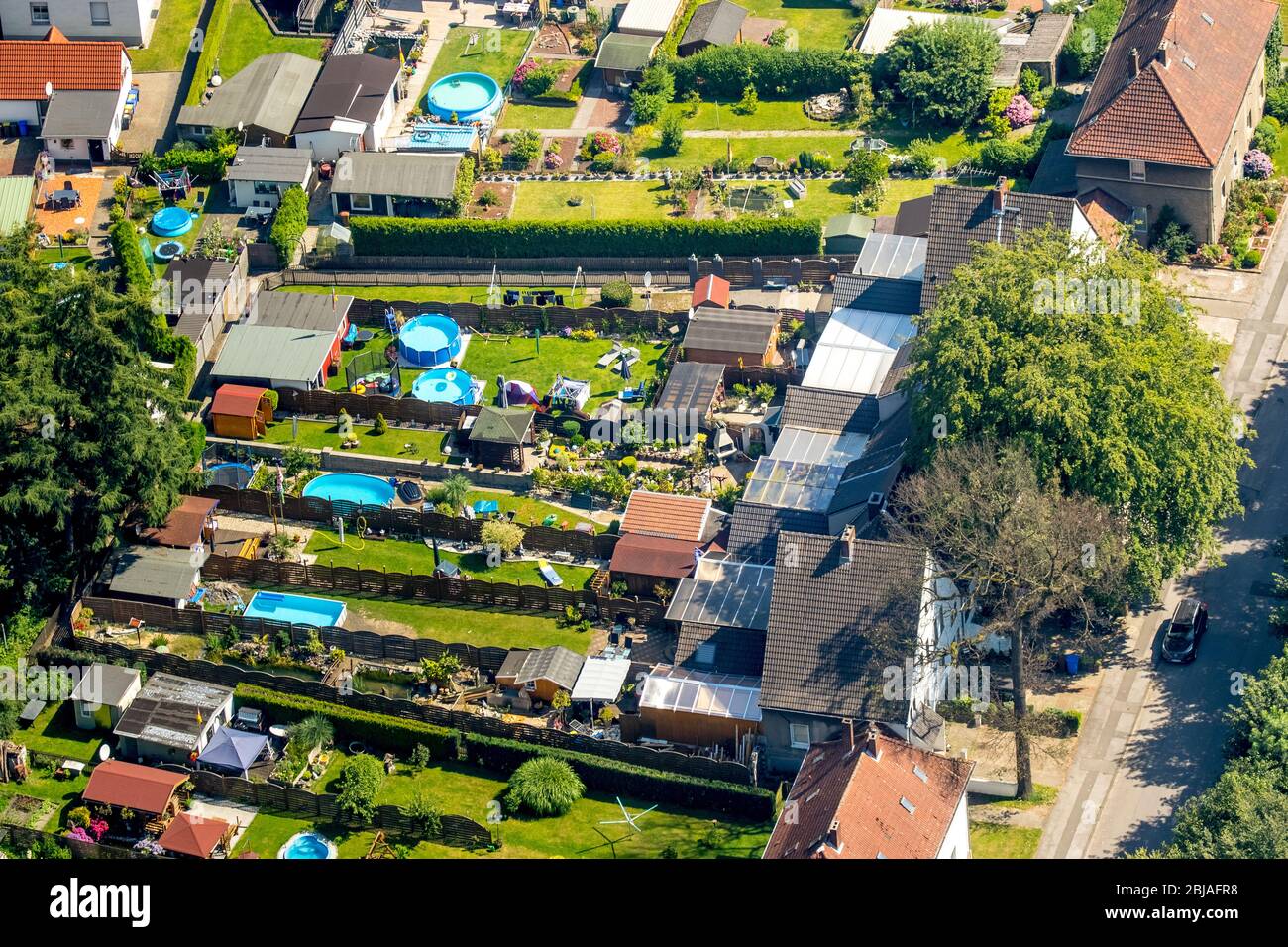 Piccoli giardini con piscina, siepi e recinzioni in via Berkenstockstrasse a Gladbeck, 19.07.2016, vista aerea, Germania, Nord Reno-Westfalia, Ruhr Area, Gladbeck Foto Stock