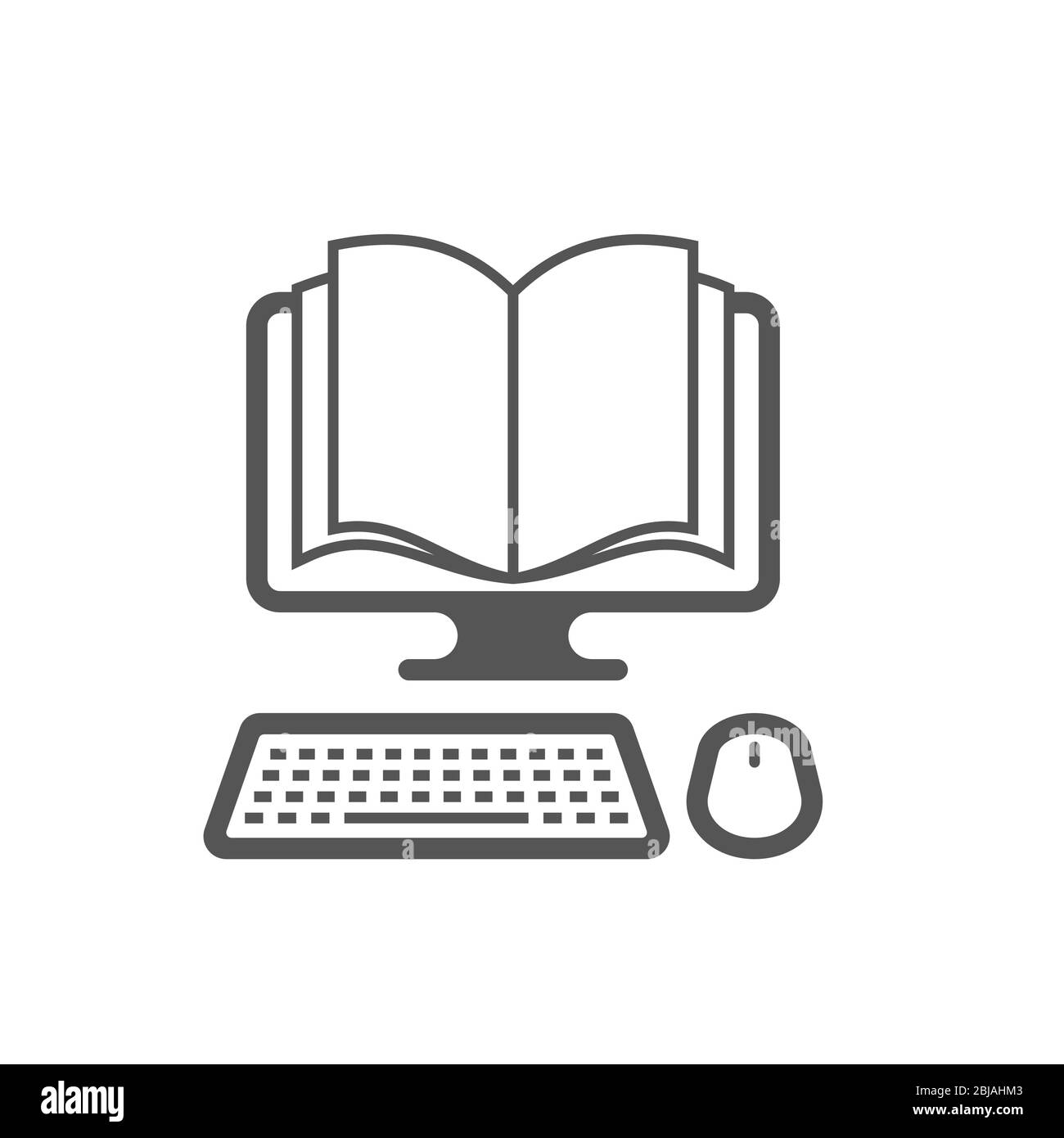 Modello di logo vettoriale. Lettura di libri su Internet, e-reading, biblioteca su Internet, online book store, istruzione remota. EPS 10 Illustrazione Vettoriale