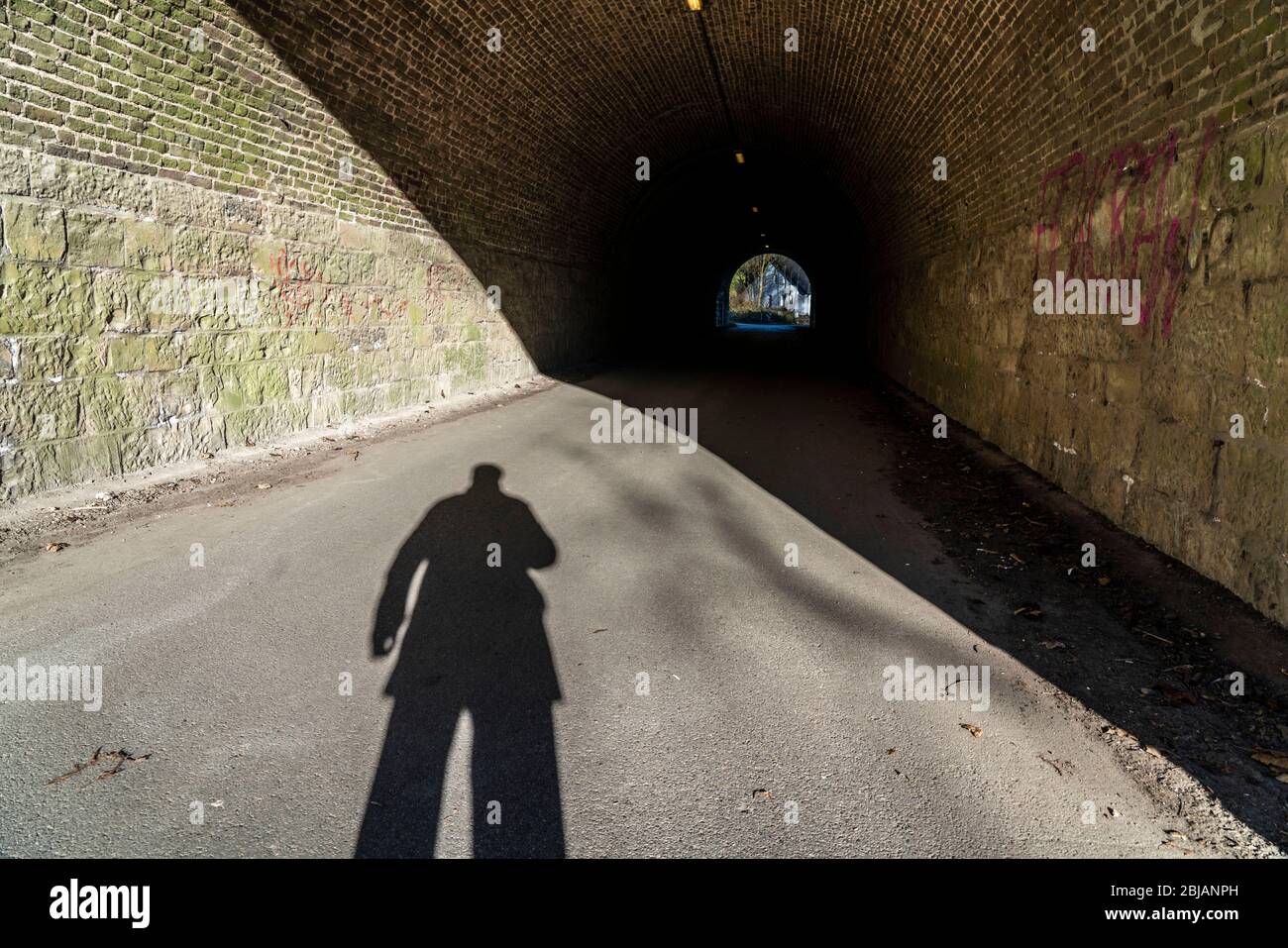 Ombra di una persona, di un uomo, all'inizio di un tunnel, immagine simbolica, Foto Stock