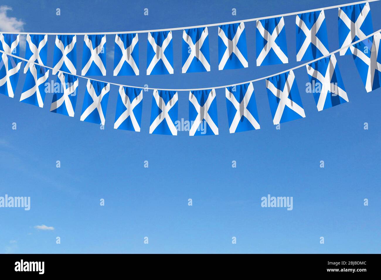 Scozia bandiera festiva mazzetto appeso contro un cielo blu. Rendering 3D Foto Stock