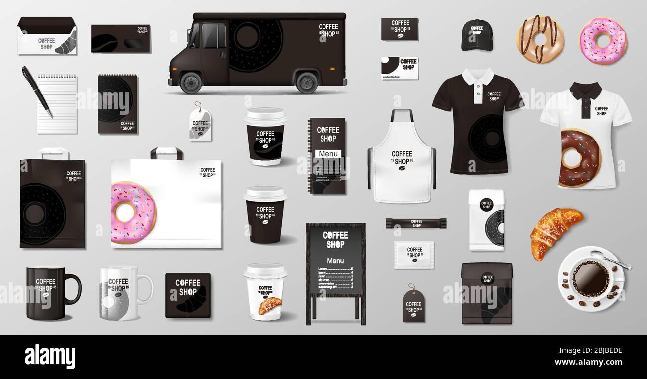 Un'esperienza realistica per la panetteria, il ristorante e il caffè. Pacchetto Corporate Style Bakery Food. Set di tazza, confezione, uniforme, camicia, ciambella, croissant Illustrazione Vettoriale