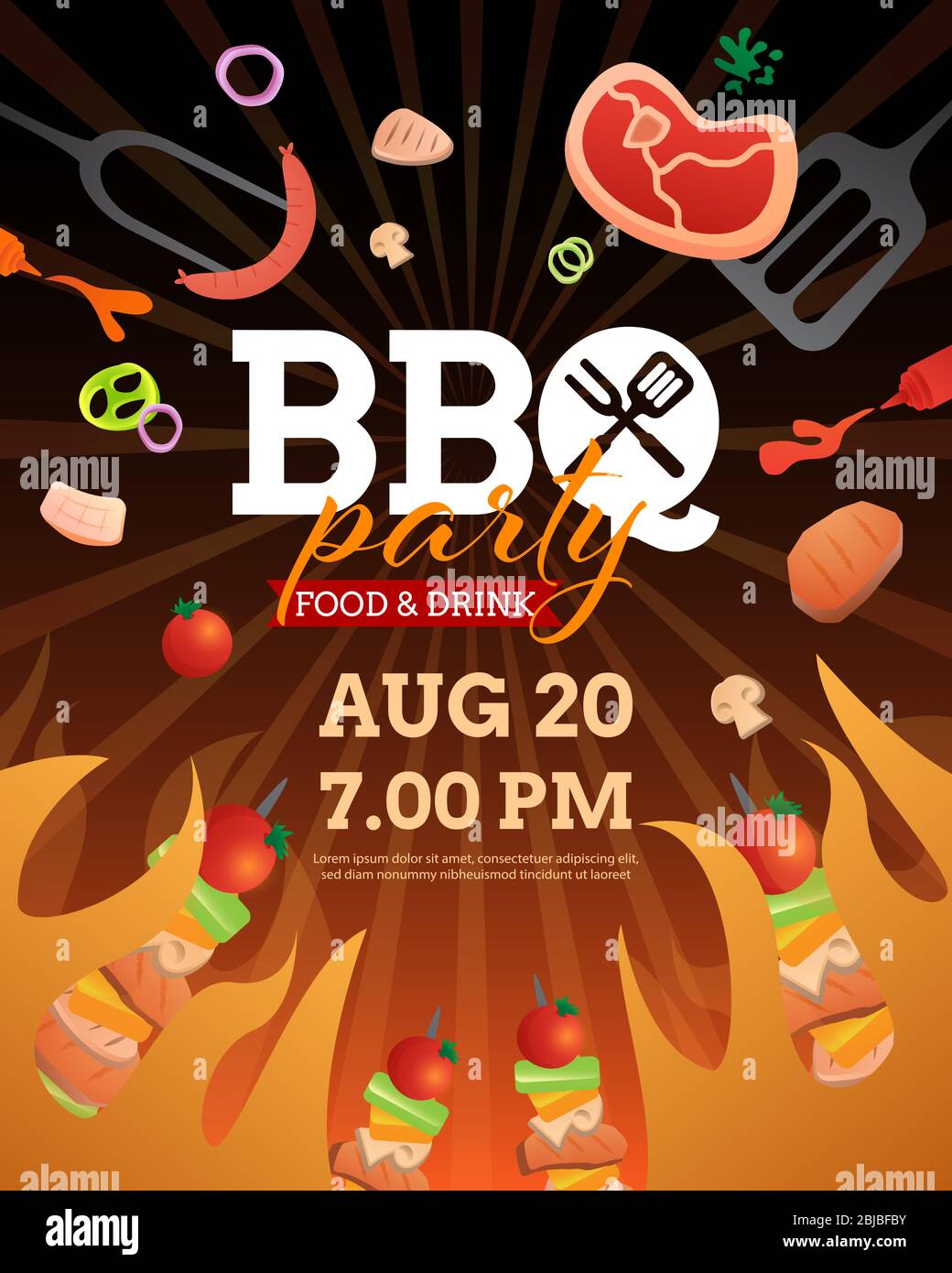 BBQ party invito, scheda o poster modello con griglia e cibo flyer vettore stile piatto illustrazione. Illustrazione Vettoriale