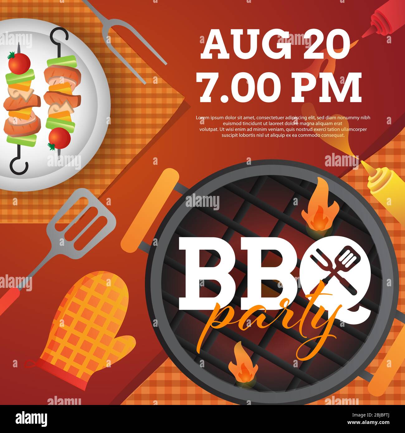 BBQ party invito, scheda o poster modello con griglia e cibo flyer vettore stile piatto illustrazione. Illustrazione Vettoriale