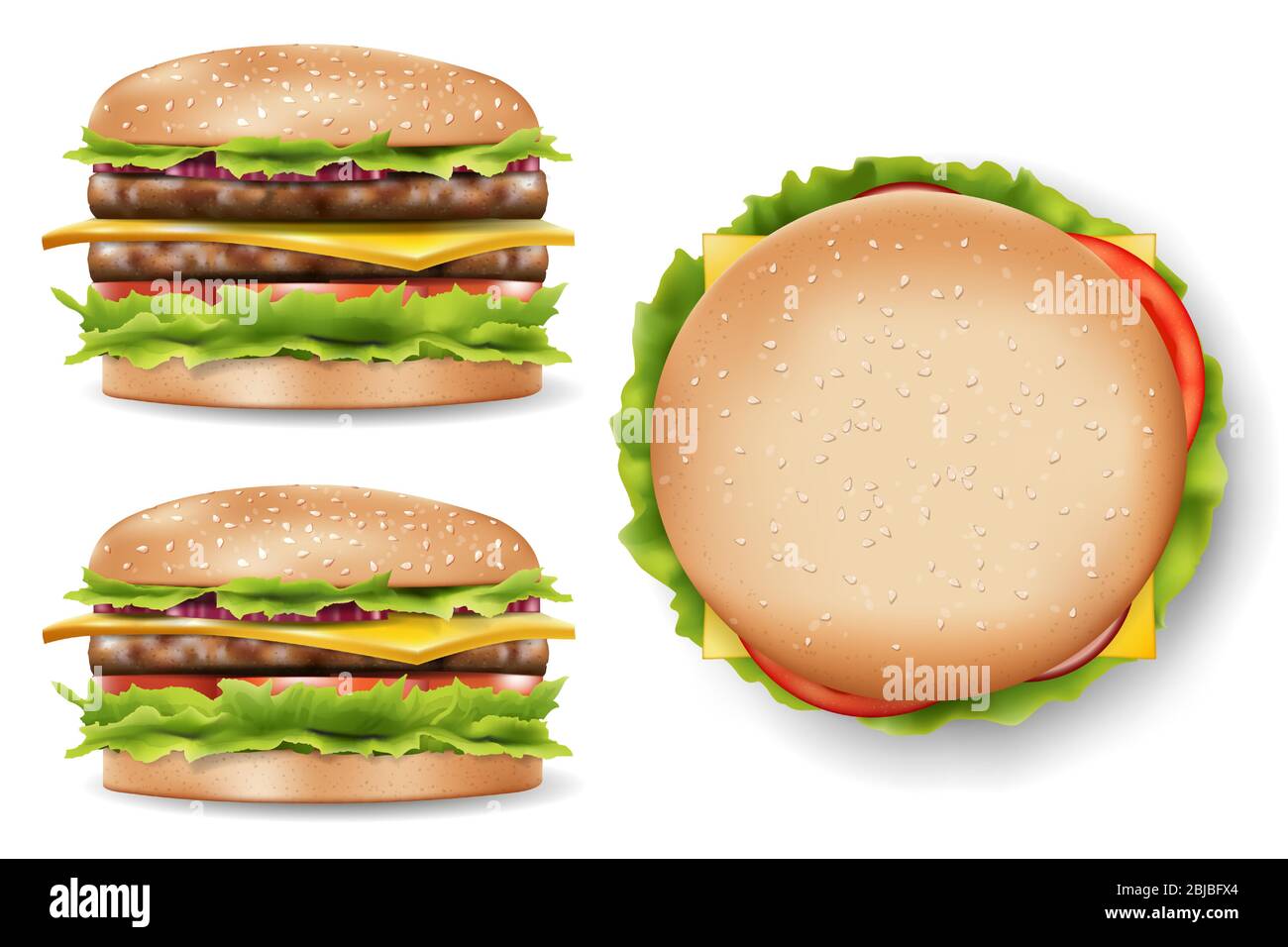 Interessante hamburger per il tuo design, delizioso cheeseburger mockup lato e vista superiore. Hamburger realistico con ingredienti rinfrescanti. vettore 3d Illustrazione Vettoriale
