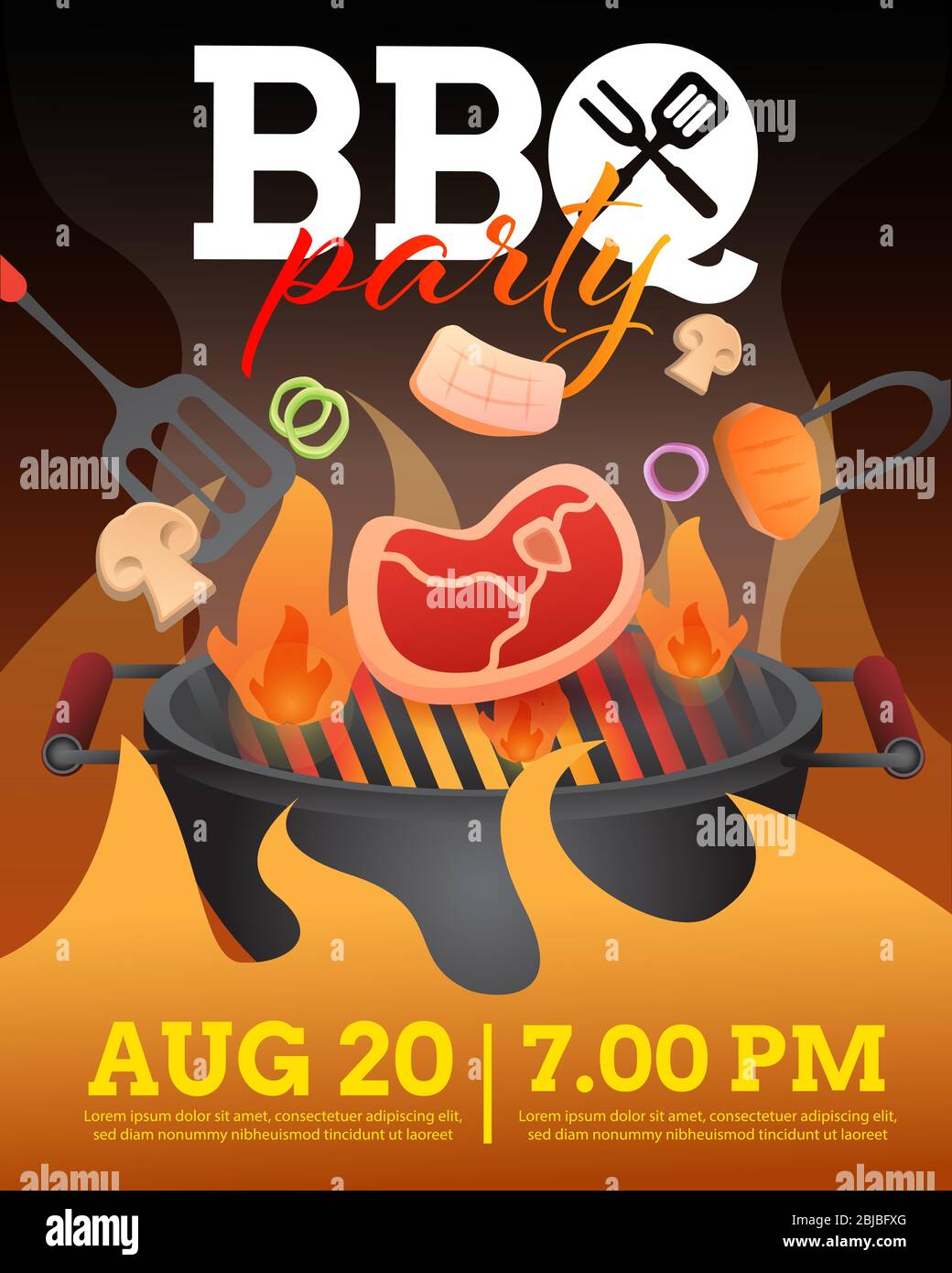 BBQ party invito, scheda o poster modello con griglia e cibo flyer vettore stile piatto illustrazione. Illustrazione Vettoriale