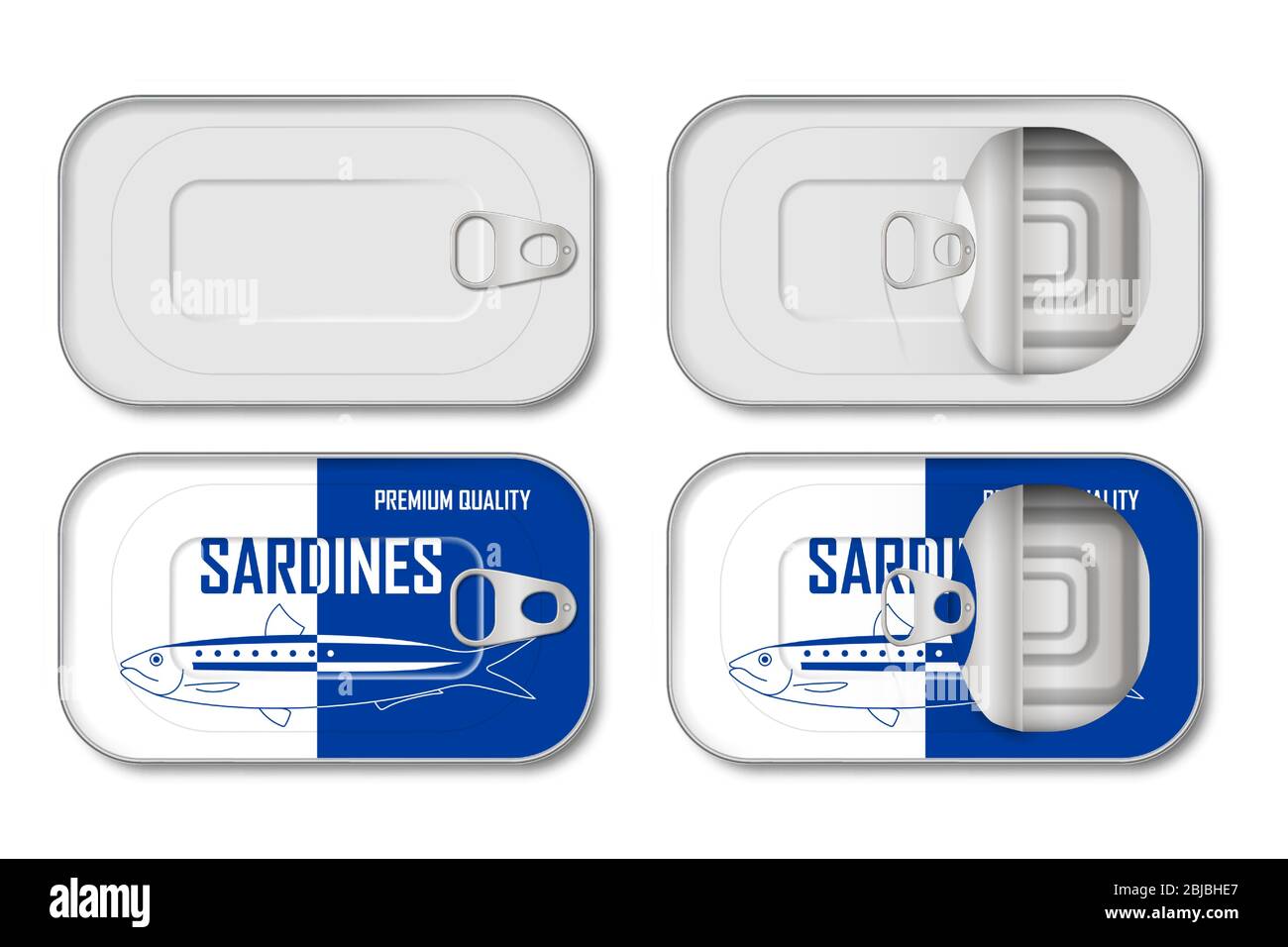 Lattina vuota realistica con etichetta e senza. Lo stagno di sardina può essere isolato dalla vista dall'alto. Modello di illustrazione vettoriale Illustrazione Vettoriale
