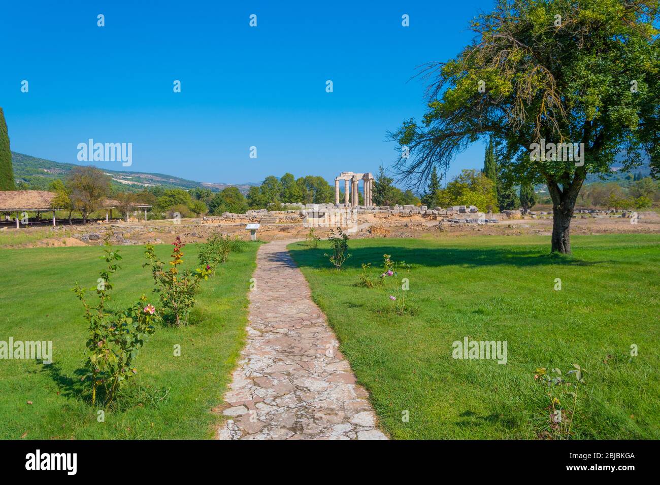Tempio di Zeus nel sito archeologico di Nemea in Grecia. Fu costruito intorno al 330 a.C. per servire le esigenze del festival e dei giochi Nemiani. Foto Stock